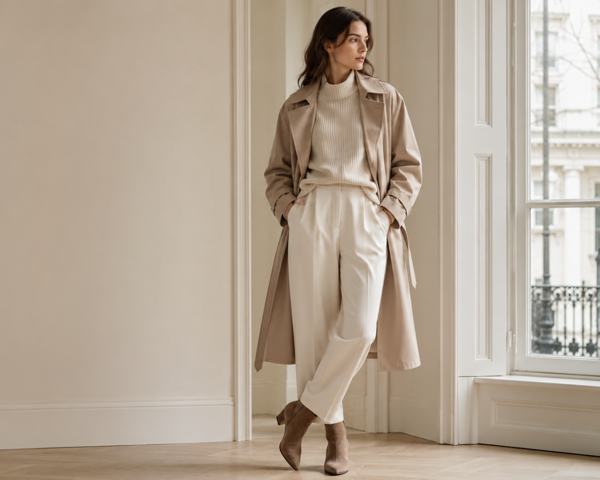A woman stands indoors near a large window wearing a light beige trench coat over a cream ribbed sweater by MUPoints and cream wide-leg trousers, paired with taupe ankle boots.